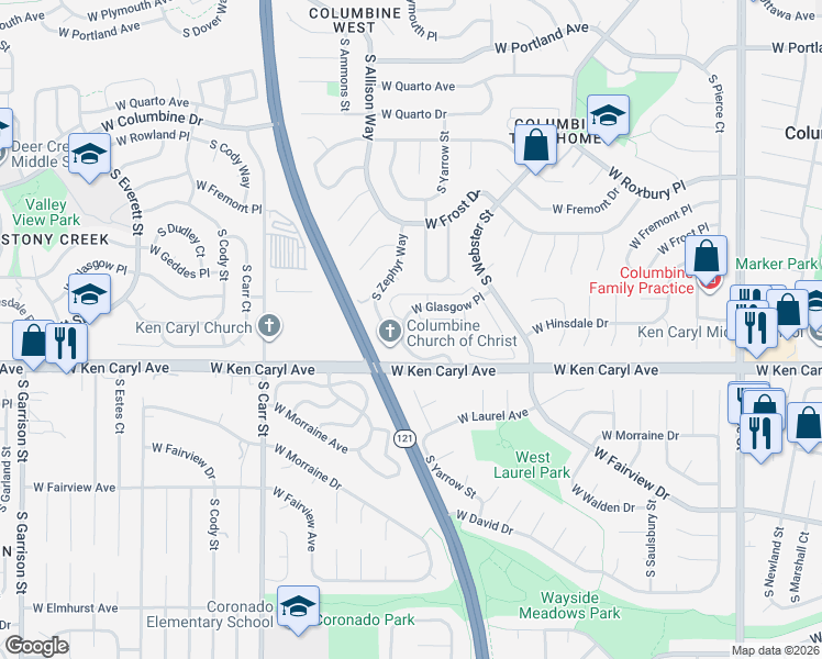map of restaurants, bars, coffee shops, grocery stores, and more near 7422 South Zephyr Court in Littleton