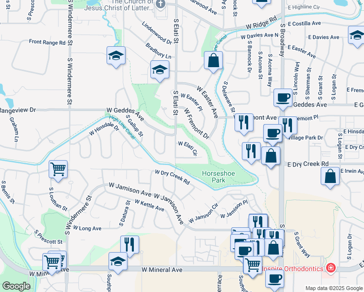 map of restaurants, bars, coffee shops, grocery stores, and more near 786 West Elati Circle in Littleton