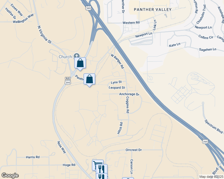 map of restaurants, bars, coffee shops, grocery stores, and more near 1308 Leopard Street in Reno