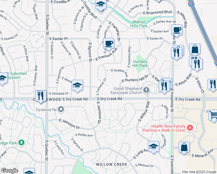 map of restaurants, bars, coffee shops, grocery stores, and more near 7422 South Tamarac Street in Centennial
