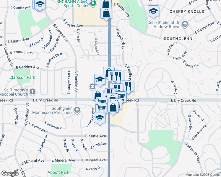 map of restaurants, bars, coffee shops, grocery stores, and more near 7450 South University Boulevard in Littleton