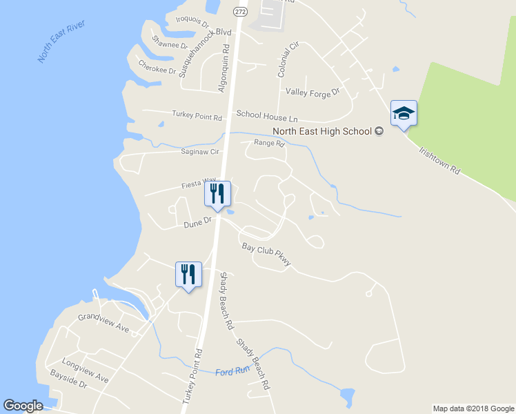 map of restaurants, bars, coffee shops, grocery stores, and more near 50 Guilford Court in North East