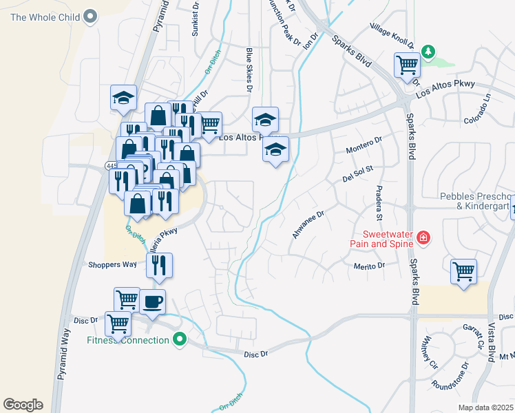 map of restaurants, bars, coffee shops, grocery stores, and more near 4922 San Carlos Drive in Sparks
