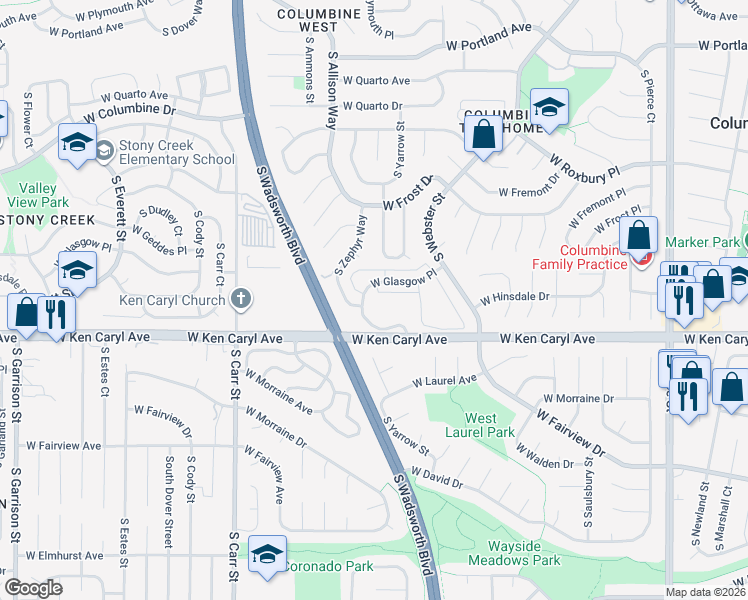 map of restaurants, bars, coffee shops, grocery stores, and more near 7422 South Zephyr Court in Littleton