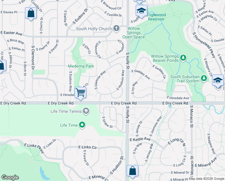 map of restaurants, bars, coffee shops, grocery stores, and more near 5391 East Hinsdale Court in Centennial
