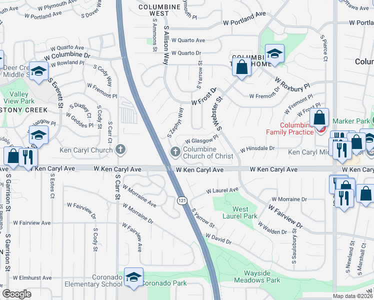 map of restaurants, bars, coffee shops, grocery stores, and more near 7422 South Zephyr Court in Littleton