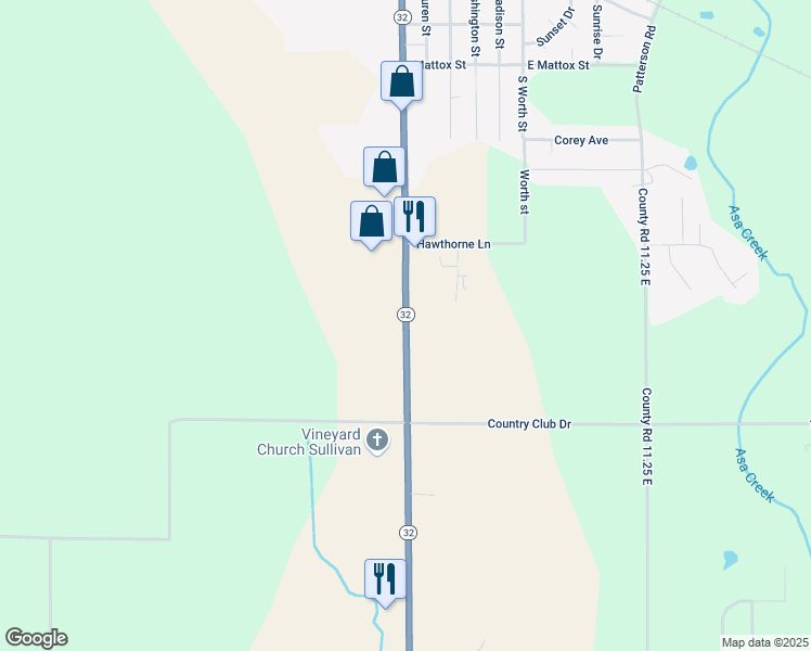 map of restaurants, bars, coffee shops, grocery stores, and more near Illinois 32 in Sullivan