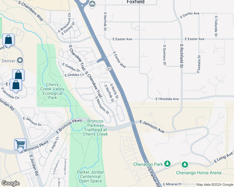 map of restaurants, bars, coffee shops, grocery stores, and more near 7424 South Nucla Street in Aurora