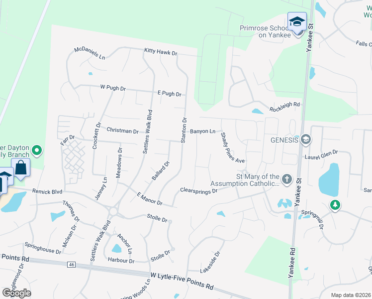 map of restaurants, bars, coffee shops, grocery stores, and more near 78 Stanton Dr in Springboro