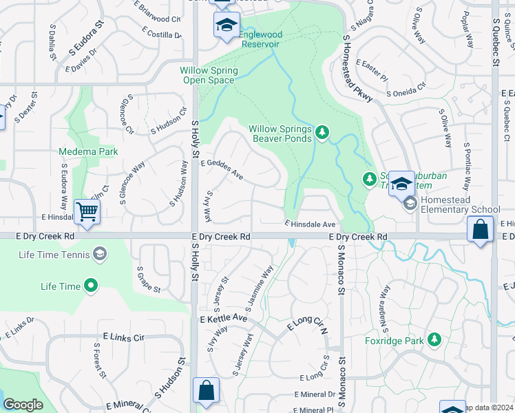 map of restaurants, bars, coffee shops, grocery stores, and more near 6032 E Hinsdale Ave in Centennial