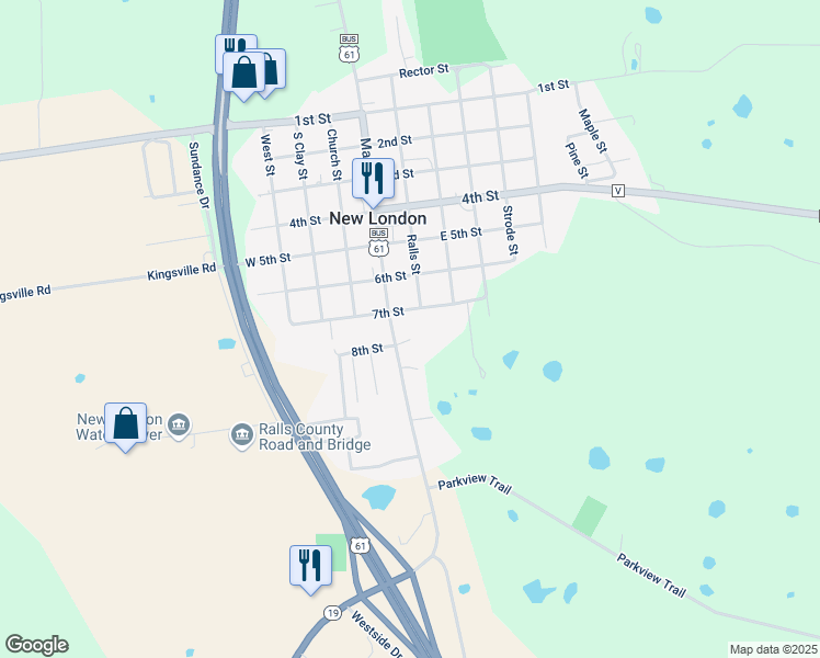 map of restaurants, bars, coffee shops, grocery stores, and more near 1101 Main Street in New London