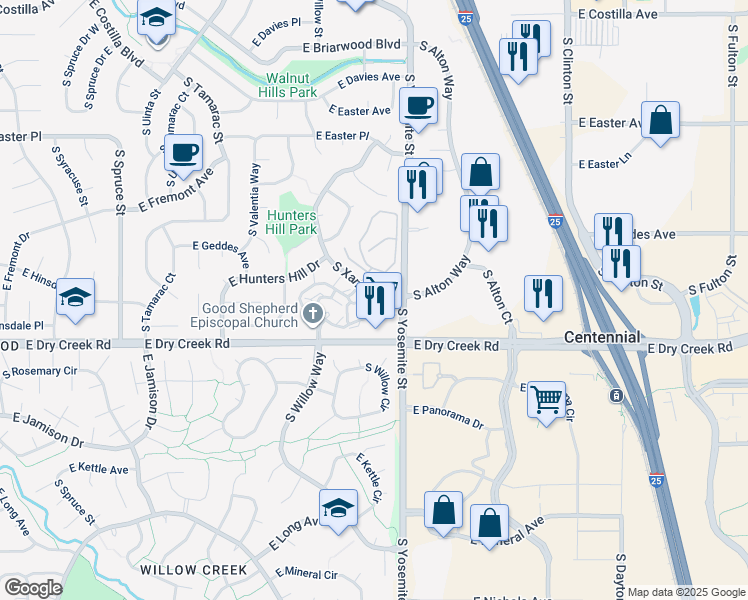 map of restaurants, bars, coffee shops, grocery stores, and more near 1329 East Dry Creek Road in Centennial