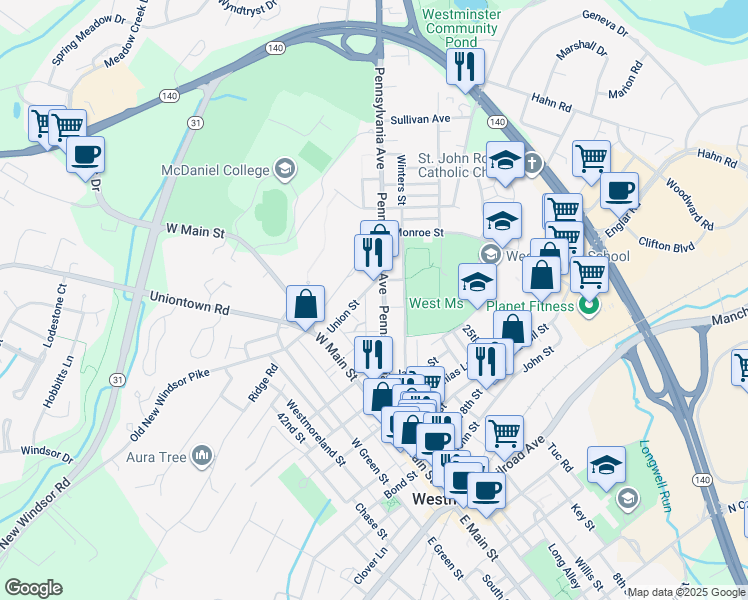 map of restaurants, bars, coffee shops, grocery stores, and more near 107 Pennsylvania 109 1/2 Avenue in Westminster