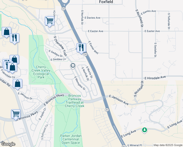 map of restaurants, bars, coffee shops, grocery stores, and more near 7424 South Nucla Street in Aurora