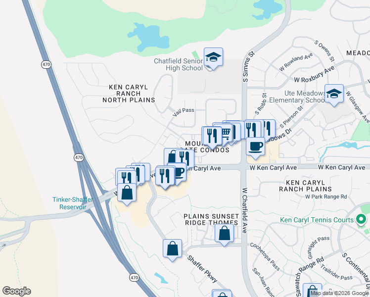 map of restaurants, bars, coffee shops, grocery stores, and more near 7428 South Alkire Street in Littleton