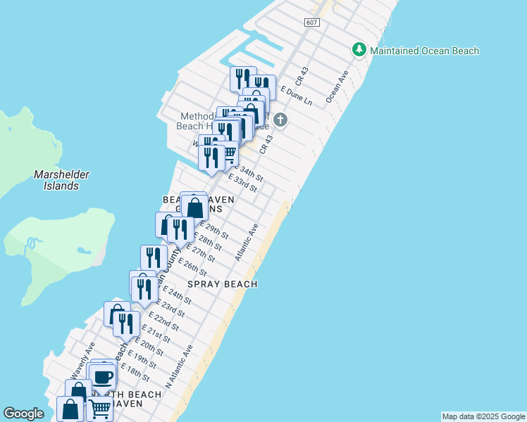 map of restaurants, bars, coffee shops, grocery stores, and more near 200 East 32nd Street in Long Beach Township