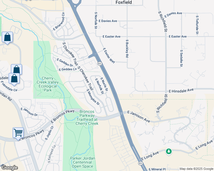 map of restaurants, bars, coffee shops, grocery stores, and more near 7424 South Nucla Street in Aurora