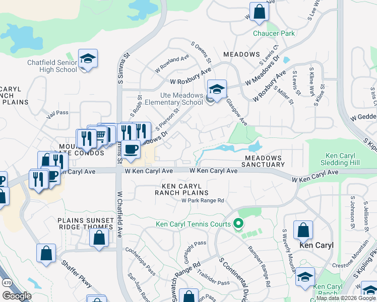map of restaurants, bars, coffee shops, grocery stores, and more near 7432 South Quail Circle in Littleton