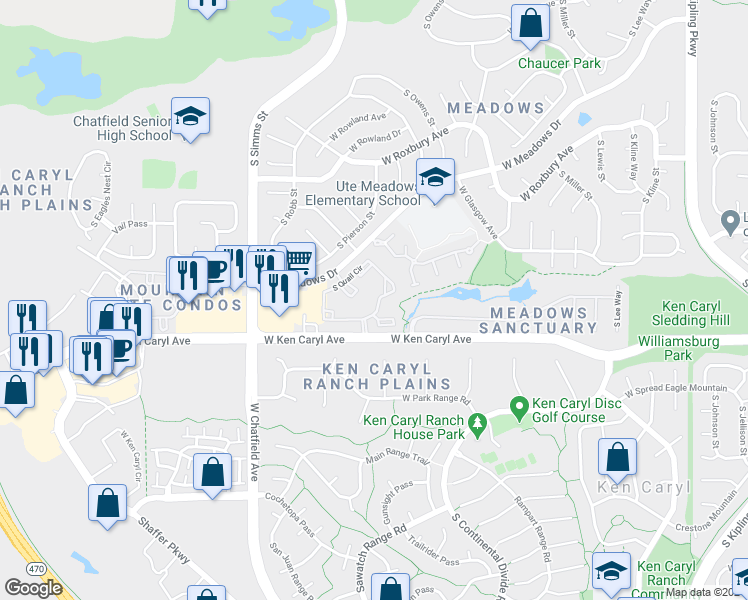 map of restaurants, bars, coffee shops, grocery stores, and more near 7493 South Quail Circle in Littleton