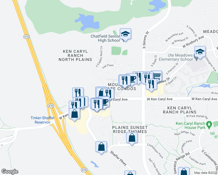 map of restaurants, bars, coffee shops, grocery stores, and more near 7428 South Alkire Street in Littleton