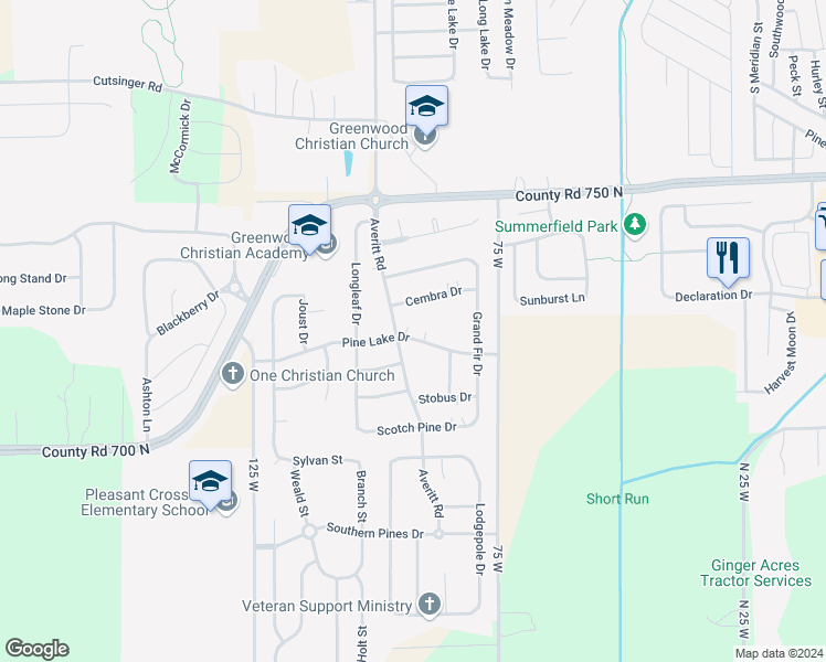 map of restaurants, bars, coffee shops, grocery stores, and more near 742 Pine Lake Drive in Greenwood