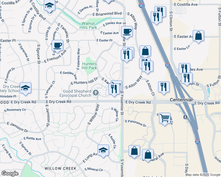 map of restaurants, bars, coffee shops, grocery stores, and more near 1329 East Dry Creek Road in Centennial