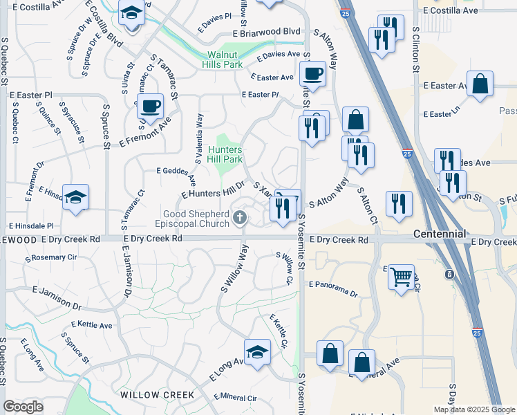 map of restaurants, bars, coffee shops, grocery stores, and more near 8691 East Dry Creek Road in Centennial
