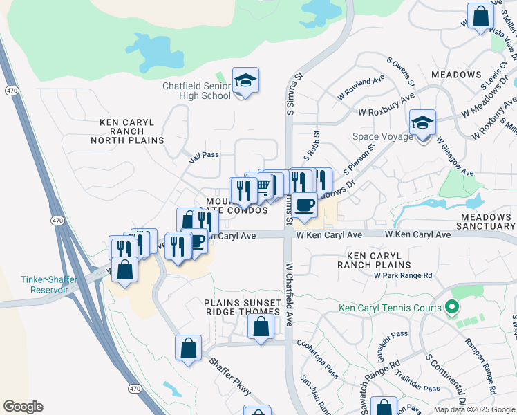 map of restaurants, bars, coffee shops, grocery stores, and more near 7437 South Simms Street in Littleton