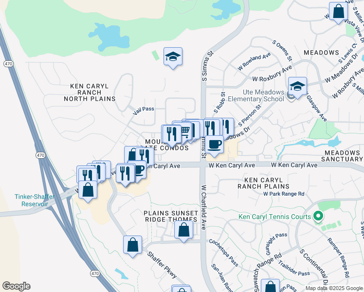map of restaurants, bars, coffee shops, grocery stores, and more near 11747 West Ken Caryl Avenue in Littleton