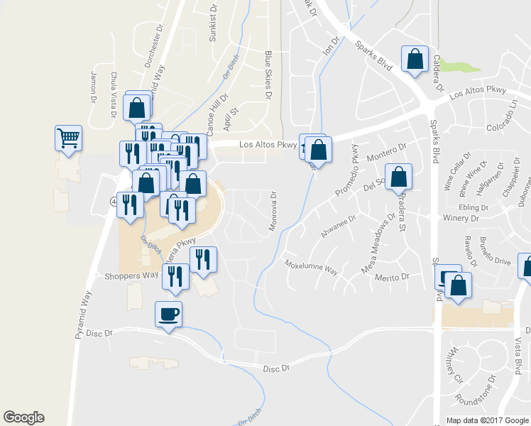 map of restaurants, bars, coffee shops, grocery stores, and more near 4922 San Carlos Drive in Sparks