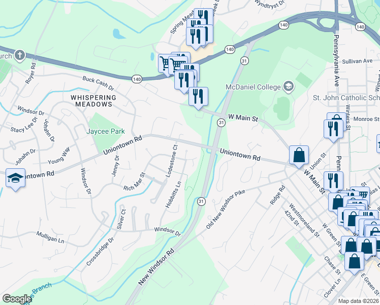 map of restaurants, bars, coffee shops, grocery stores, and more near 253 Tinstone Drive in Westminster
