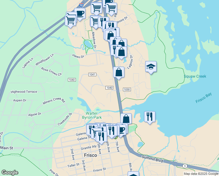 map of restaurants, bars, coffee shops, grocery stores, and more near 41 County Road 1040 in Breckenridge