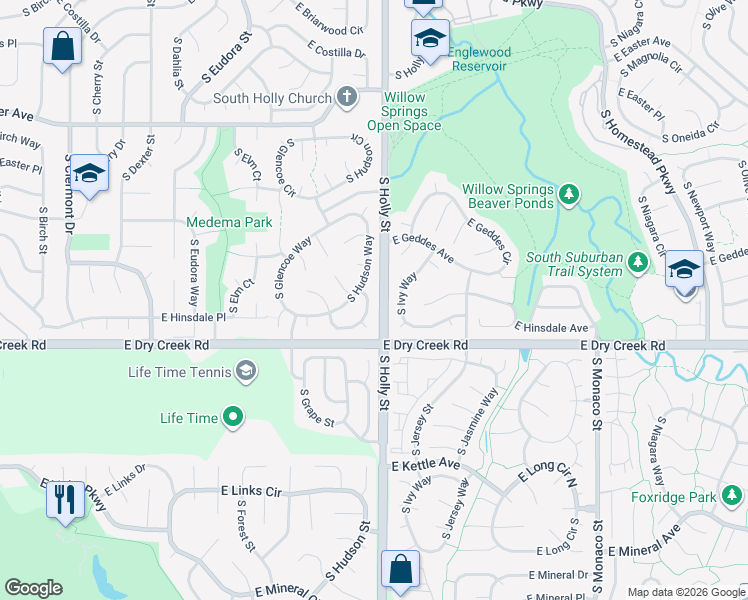 map of restaurants, bars, coffee shops, grocery stores, and more near 5576 East Hinsdale Circle in Centennial