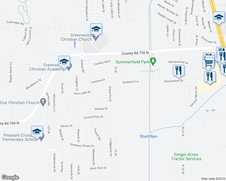 map of restaurants, bars, coffee shops, grocery stores, and more near 2493 Grand Fir Drive in Greenwood