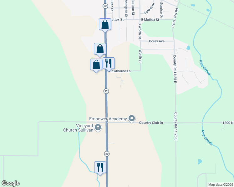 map of restaurants, bars, coffee shops, grocery stores, and more near 1600 South Hamilton Street in Sullivan