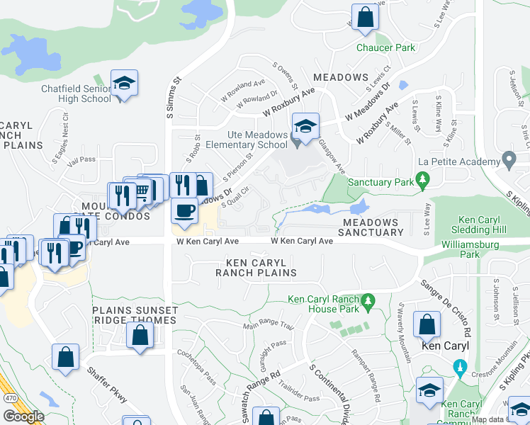 map of restaurants, bars, coffee shops, grocery stores, and more near 7432 South Quail Circle in Littleton