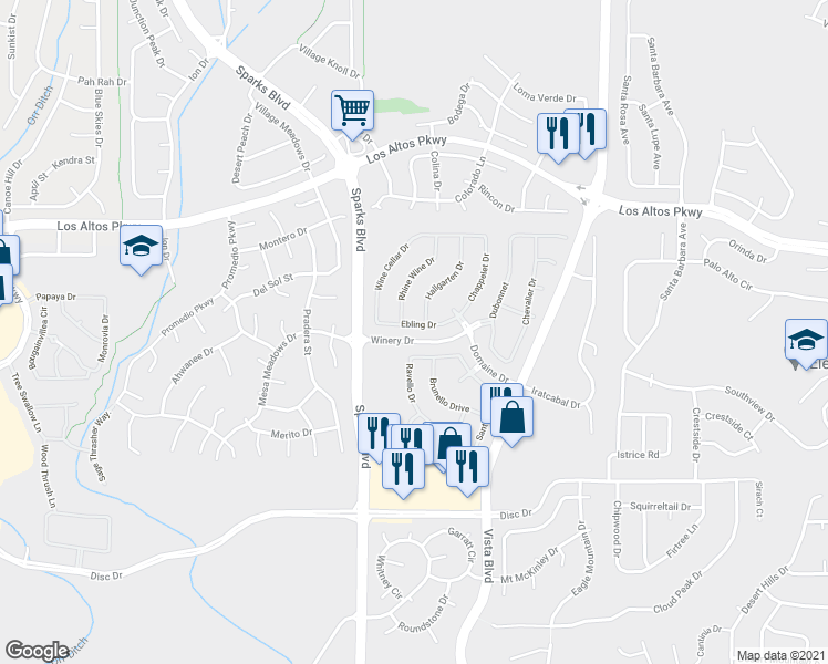 map of restaurants, bars, coffee shops, grocery stores, and more near 1201 Ebling Drive in Sparks
