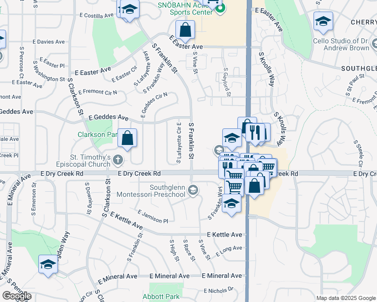 map of restaurants, bars, coffee shops, grocery stores, and more near 7425 South Franklin Street in Centennial