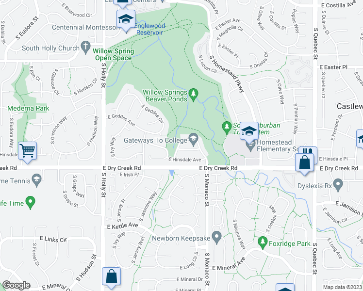 map of restaurants, bars, coffee shops, grocery stores, and more near 7428 South Krameria Street in Centennial