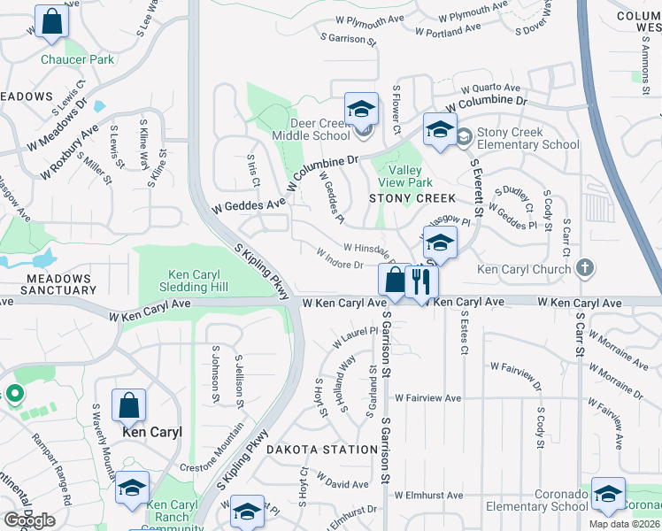 map of restaurants, bars, coffee shops, grocery stores, and more near 9390 West Indore Drive in Littleton