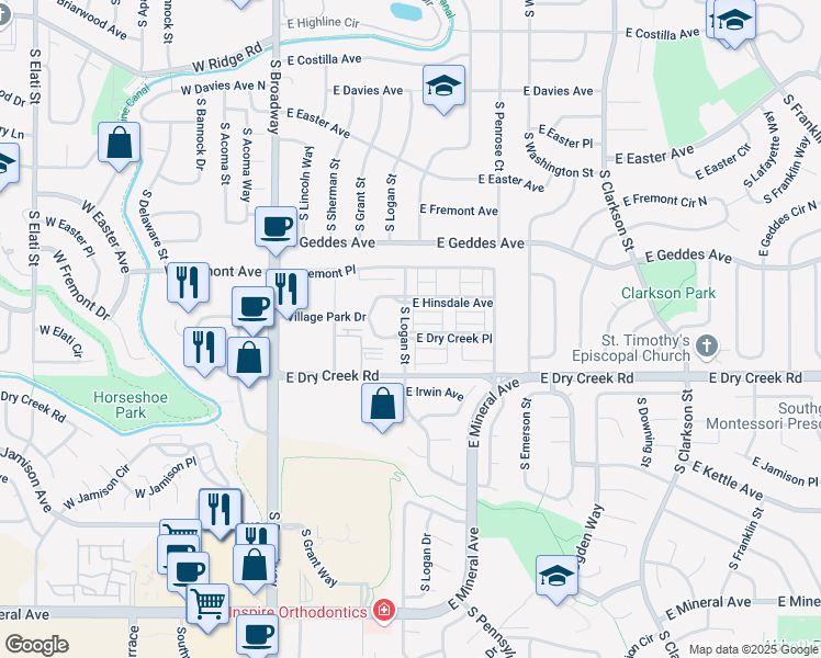 map of restaurants, bars, coffee shops, grocery stores, and more near 7440 South Logan Drive in Centennial