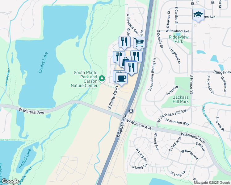 map of restaurants, bars, coffee shops, grocery stores, and more near 7338 South Platte River Parkway in Littleton
