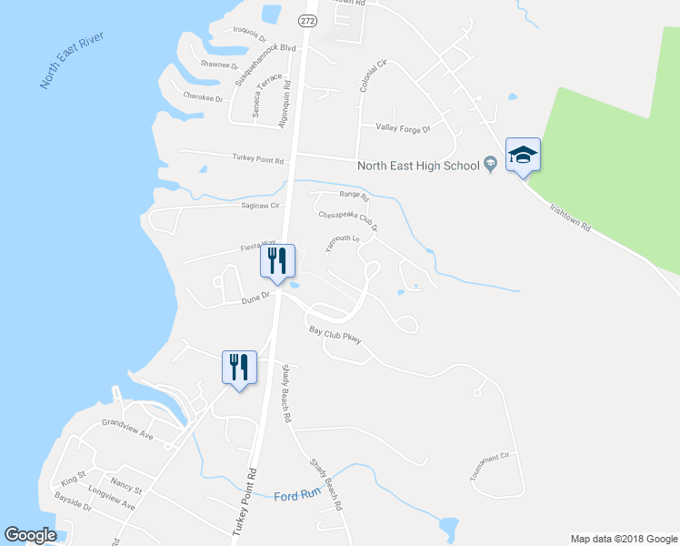 map of restaurants, bars, coffee shops, grocery stores, and more near 43 Guilford Court in North East