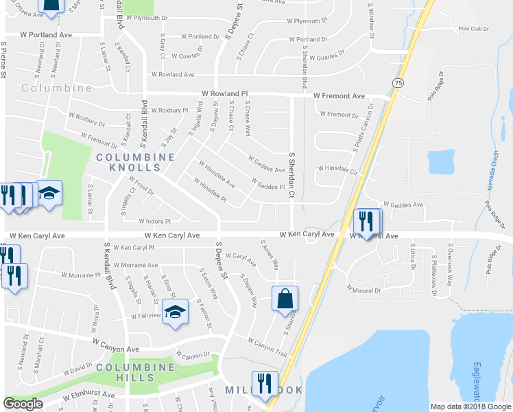map of restaurants, bars, coffee shops, grocery stores, and more near 5430 West Hinsdale Avenue in Littleton