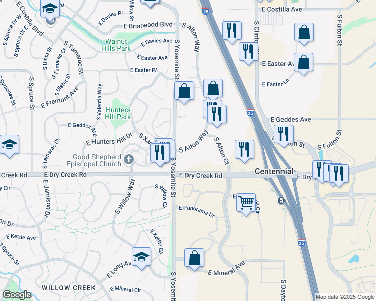 map of restaurants, bars, coffee shops, grocery stores, and more near 7342 South Alton Way in Centennial