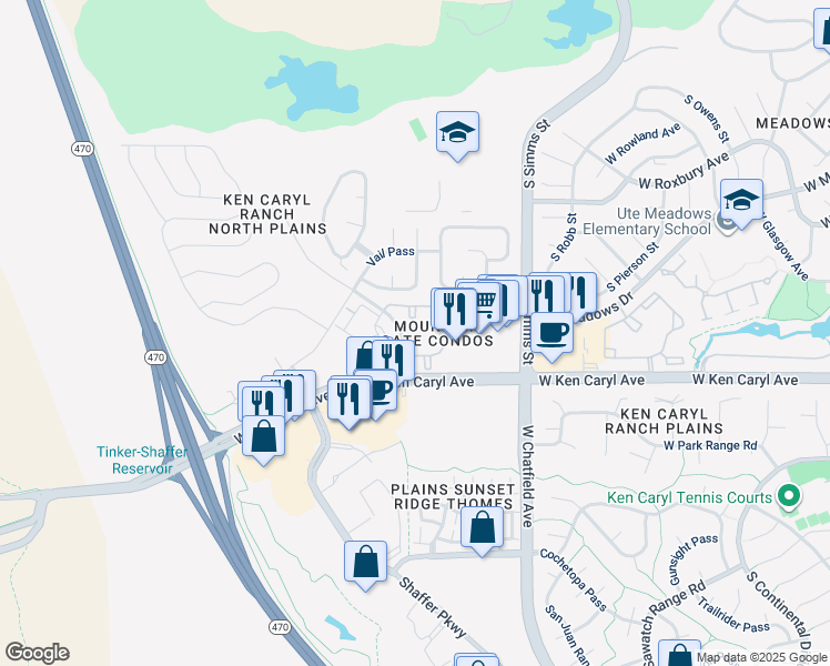 map of restaurants, bars, coffee shops, grocery stores, and more near 7428 South Alkire Street in Littleton