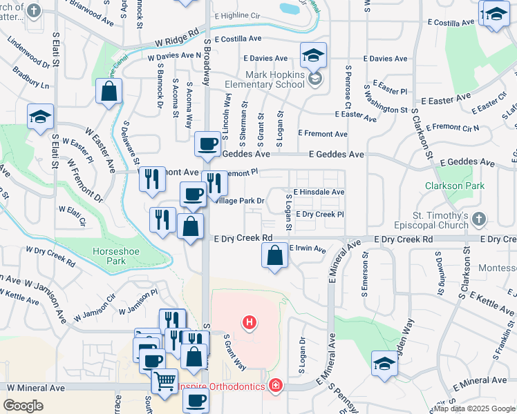 map of restaurants, bars, coffee shops, grocery stores, and more near 240 Village Park Drive in Littleton