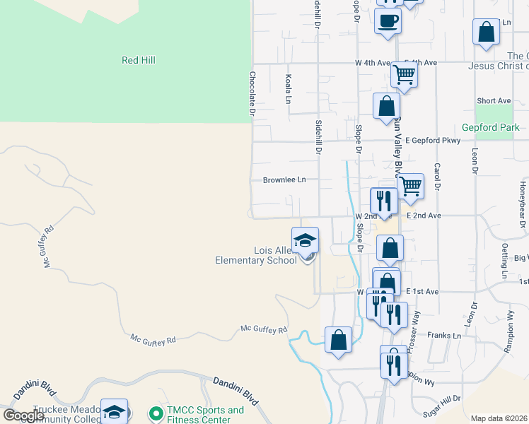 map of restaurants, bars, coffee shops, grocery stores, and more near 380 Loster Way in Sun Valley