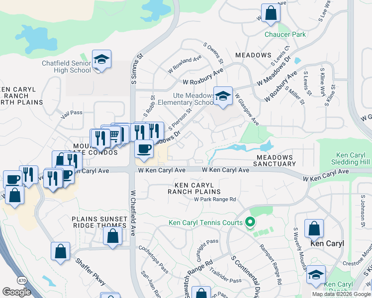 map of restaurants, bars, coffee shops, grocery stores, and more near 7493 South Quail Circle in Littleton