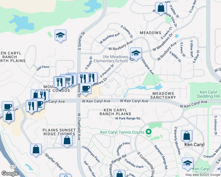 map of restaurants, bars, coffee shops, grocery stores, and more near 7493 South Quail Circle in Littleton
